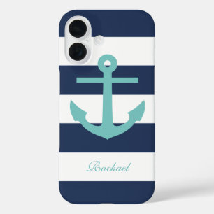 Aqua Anchor op blauwe strepen iPhone 16 Hoesje