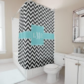 Aqua and Black Chevrons Monogrammed Douchegordijn (In situ)