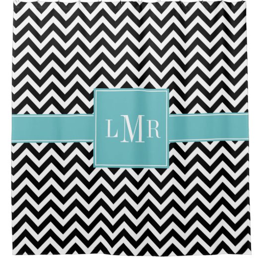 Aqua and Black Chevrons Monogrammed Douchegordijn (Voorkant)
