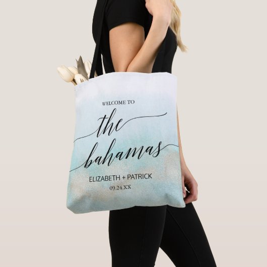 Aqua and Gold Beach Bahamas Wedding Welcome Tote Bag (Dichtbij)