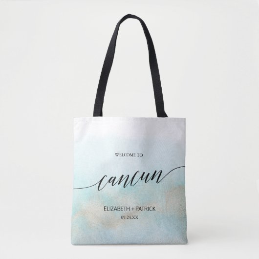 Aqua and Gold Beach Cancun Weddenschap Welkom Tote Bag (Voorkant)