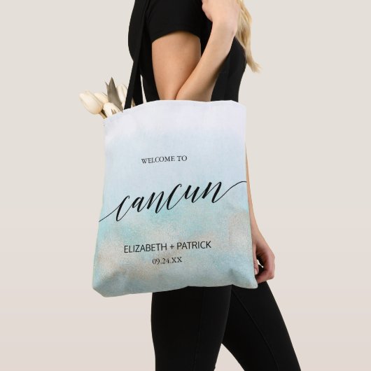 Aqua and Gold Beach Cancun Weddenschap Welkom Tote Bag (Dichtbij)