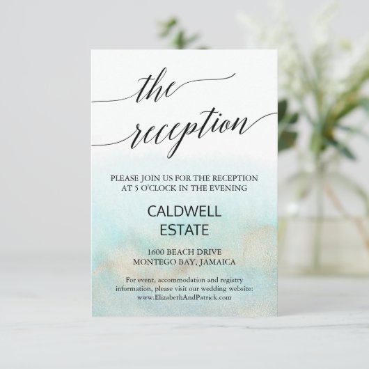 Aqua and Gold Beach Wedding Reception Kaart (Staand voorkant)