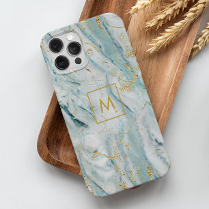 Aqua and Gold Printed Marble Texture Monogrammed iPhone 15 Mini Hoesje