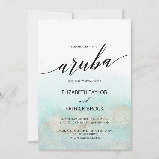 Aqua and Gold Waterverf Beach Aruba Wedding Kaart (Voorkant)