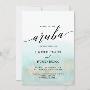 Aqua and Gold Waterverf Beach Aruba Wedding Kaart