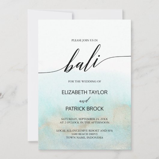 Aqua and Gold Waterverf Beach Bali Wedding Kaart (Voorkant)