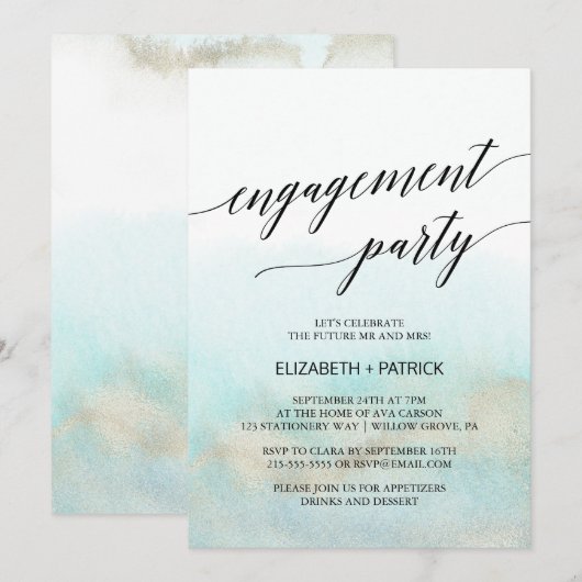 Aqua and Gold Waterverf Beach Engagement Party Kaart (Voorkant / Achterkant)