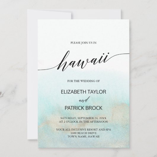 Aqua and Gold Waterverf Beach Hawaii Wedding Kaart (Voorkant)