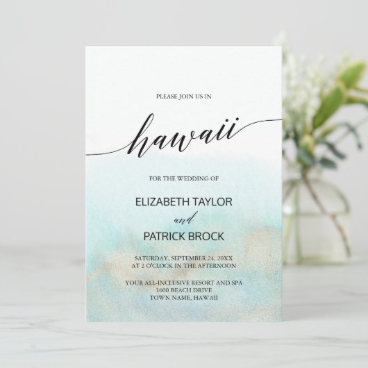 Aqua and Gold Waterverf Beach Hawaii Wedding Kaart (Staand voorkant)