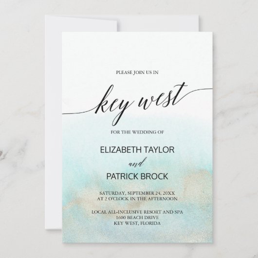 Aqua and Gold Waterverf Beach Key West Wedding Kaart (Voorkant)
