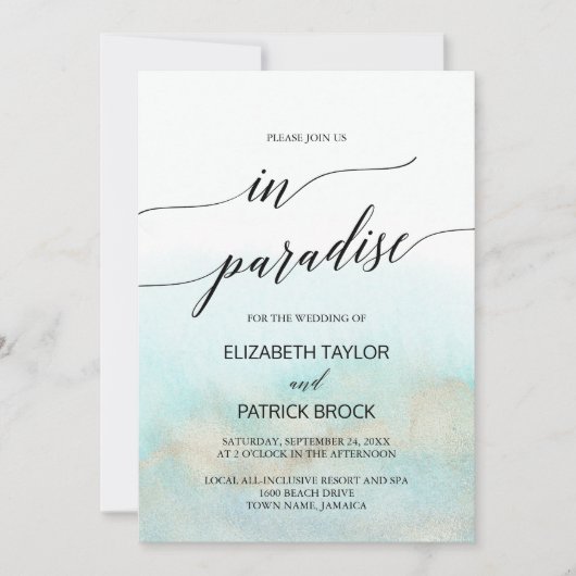 Aqua and Gold Waterverf Beach Paradise Wedding Kaart (Voorkant)