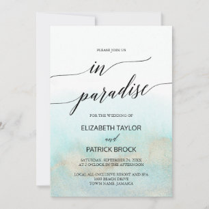 Aqua and Gold Waterverf Beach Paradise Wedding Kaart
