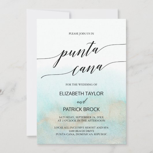 Aqua and Gold Waterverf Beach Punta Cana Wedding Kaart (Voorkant)