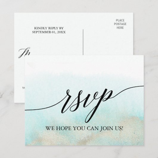 Aqua and Gold Waterverf Beach Song Request RSVP Uitnodiging Briefkaart (Voorkant / Achterkant)