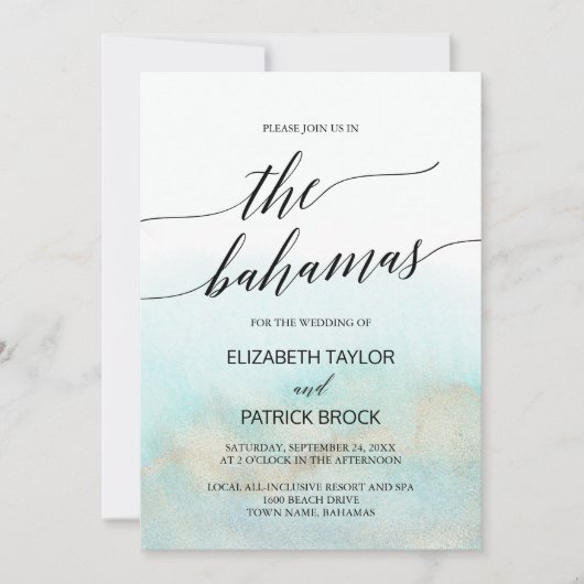 Aqua and Gold Waterverf Beach The Bahamas Wedding Kaart (Voorkant)