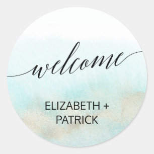 Aqua and Gold Waterverf Beach Weddenschap Welkom Ronde Sticker