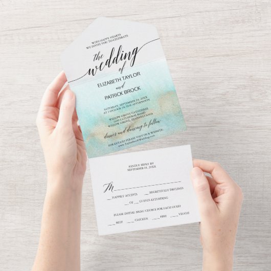 Aqua and Gold Waterverf Beach Wedding All In One Uitnodiging (Afscheurbaar)