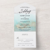 Aqua and Gold Waterverf Beach Wedding All In One Uitnodiging (Binnen)