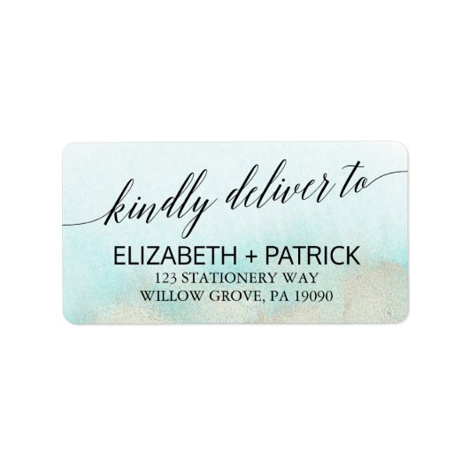 Aqua and Gold Waterverf Beach Wedding Etiket (Voorkant)