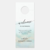 Aqua and Gold Waterverf Beach Wedding Guest Deurhanger (Achterkant)