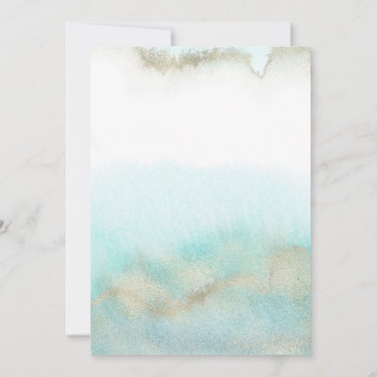 Aqua and Gold Waterverf Beach Wedding Kaart (Achterkant)