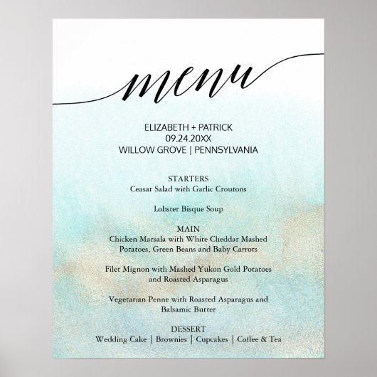 Aqua and Gold Waterverf Beach Wedding Menu Sign. Poster (Voorkant)