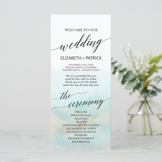 Aqua and Gold Waterverf Beach Wedding Program Programmakaart (Staand voorkant)
