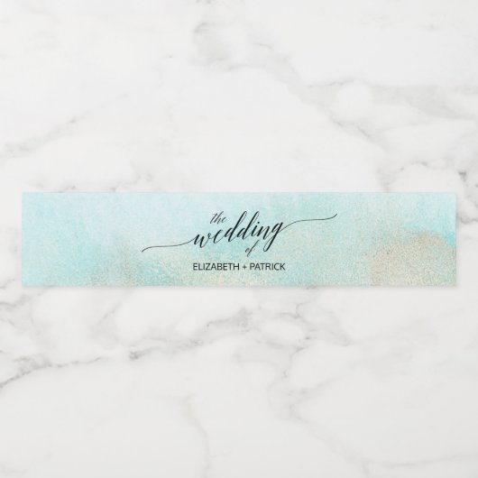 Aqua and Gold Waterverf Beach Wedding Waterfles Etiket (Enkel label)