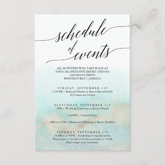 Aqua and Gold Wedding Weekend Planning of Events Informatiekaartje (Voorkant)
