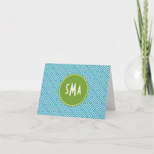Aqua and Green Greek Key Pattern Monogram Notitiekaartje