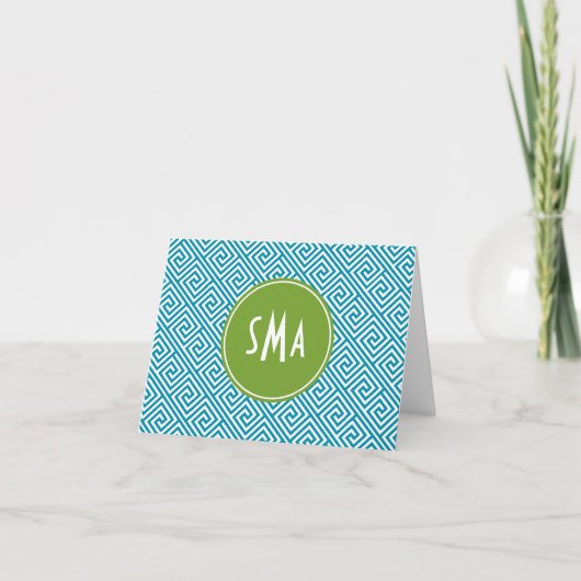 Aqua and Green Greek Key Pattern Monogram Notitiekaartje (Voorkant)
