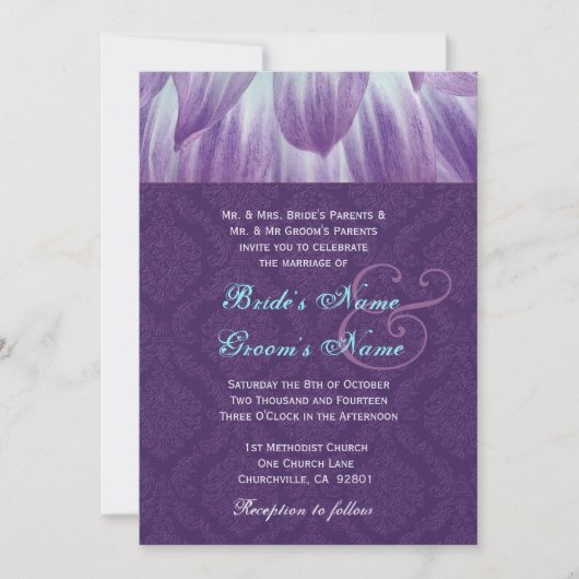 Aqua and Paarse Flower Petals Wedding Metallic Kaart (Voorkant)