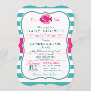Aqua and Pink Fish Baby shower Invitation Kaart