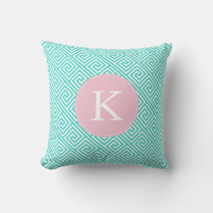Aqua and Pink Greek Key Patroonmonogram Kussen
