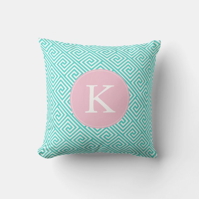 Aqua and Pink Greek Key Patroonmonogram Kussen (Voorkant)