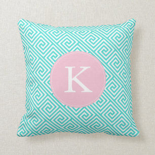Aqua and Pink Greek Key Patroonmonogram Kussen