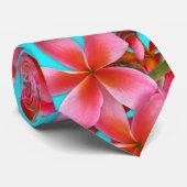 Aqua and Pink Hawaiian Plumeria Print Stropdas (Opgerold)