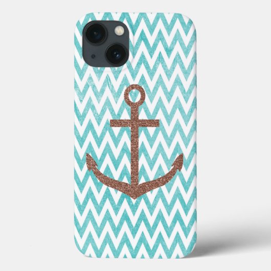 Aqua and White Chevron Glitter Anchor Case-Mate iPhone Case (Achterkant)