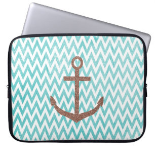 Aqua and White Chevron Glitter Anchor Laptop Sleeve