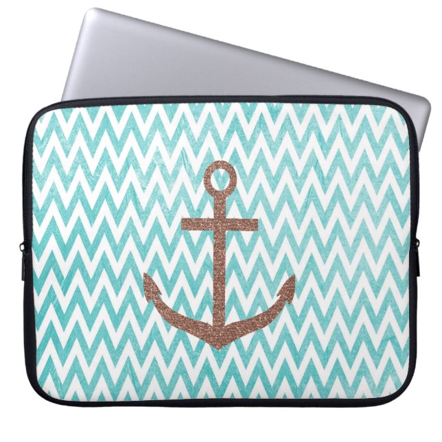 Aqua and White Chevron Glitter Anchor Laptop Sleeve (Voorkant)