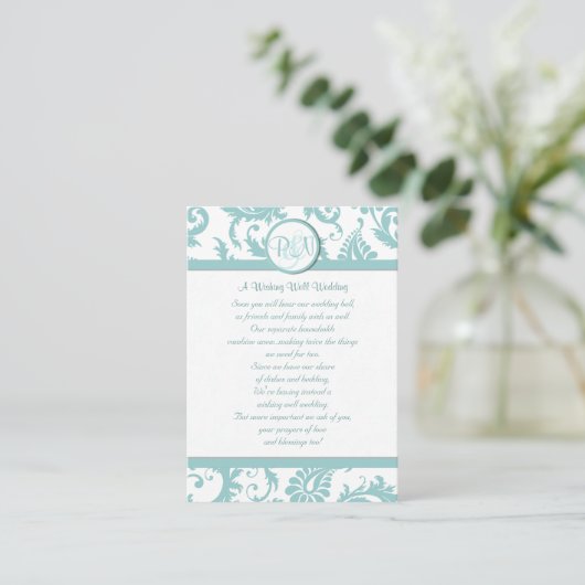 Aqua and White Damask Aqua Trim die goed wil Informatiekaartje (Staand voorkant)