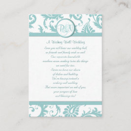 Aqua and White Damask Aqua Trim die goed wil Informatiekaartje