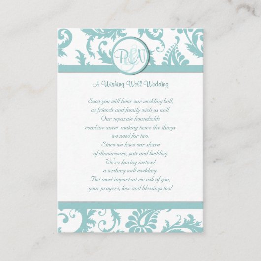 Aqua and White Damask Aqua Trim die goed wil Informatiekaartje (Voorkant)