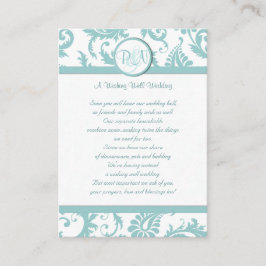 Aqua and White Damask Aqua Trim die goed wil Informatiekaartje