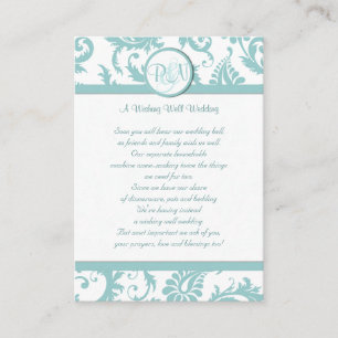 Aqua and White Damask Aqua Trim die goed wil Informatiekaartje