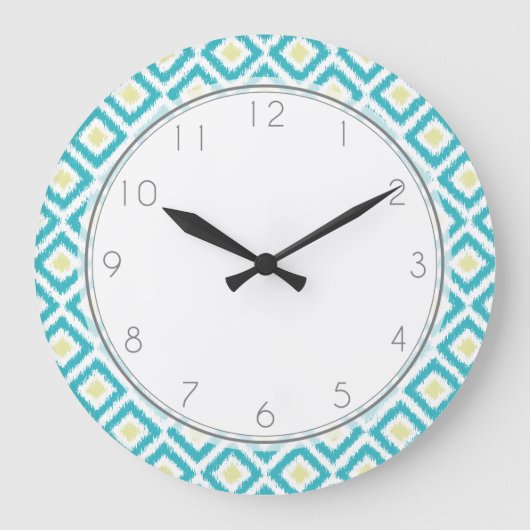 Aqua and Yellow Diamond Ikat Pattern Grote Klok (Voorkant)