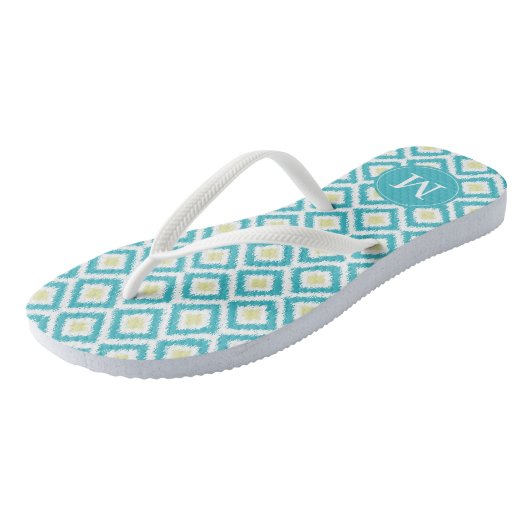Aqua and Yellow Diamonds Ikat Pattern, gepersonali Teenslippers (Schuin)