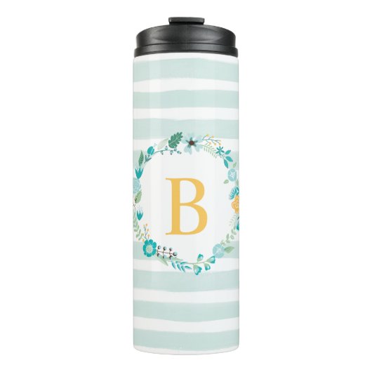 Aqua and Yellow Floral Monogram Thermosbeker (Voorkant)