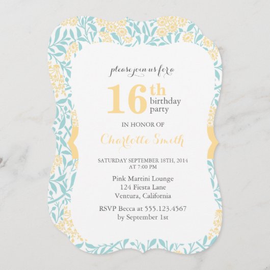 Aqua and Yellow Floral Pattern Birthday Party Kaart (Voorkant / Achterkant)